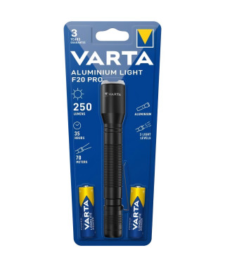 Torche- VARTA-Aluminium Light F20 Pro-250lm-LED hautes performances-3 modes d'éclairage-clip poche-2 Piles AA incluses