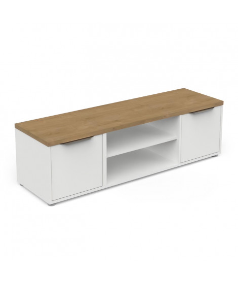 Banc TV ACCESS - 2 Portes + 1 Niche - Décor chene Hamilton et blanc - L 134,8 x P 39,6 x H 39,1 cm - DEMEYERE