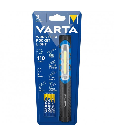 Torche-VARTA-Work Flex Pocket Light-110lm-Compacte-LED hautes performances-IPX4-aimantée-clip de poche-3 Piles AAA incluses