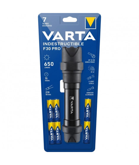 Torche-VARTA-Indestructible F30 Pro-650lm Garantie 7ans-Resistante au chocs (9m) a l'eau et la poussiere-IP67-6 Piles AA incl…