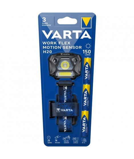 Frontale-VARTA-Work Flex Motion Sensor H20-150lm-Allumage mains libres-8 niveaux d'éclairage-IP54-3 Piles AAA incluses