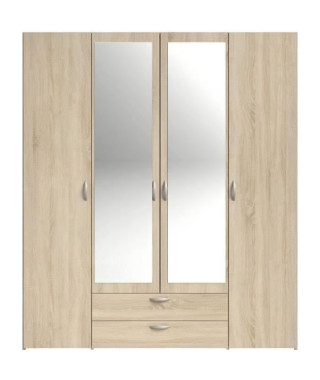 Armoire VARIA - Décor chene - 4 portes battantes + 2 miroirs + 2 tiroirs - L 160 x H 185 x P 51 cm - PARISOT