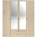 Armoire VARIA - Décor chene - 4 portes battantes + 2 miroirs + 2 tiroirs - L 160 x H 185 x P 51 cm - PARISOT