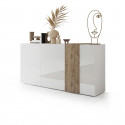 Buffet 3 Portes VENEZIA - Blanc laqué brillant et chene Cadiz - L 181 x P 44 x H 84 cm