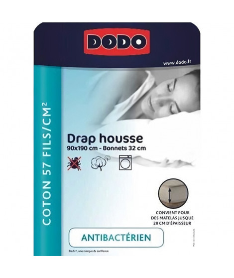 DRAP HOUSSE DODO - ANTIBACTERIENS - BLANC - 90X190 cm - Bonnet 32 cm