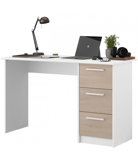 Bureau ESSENTIEL PARISOT 3 tiroirs - Décor chene et blanc - L 121,2 x P 55 x H 74,5 cm - Fabriqué en France