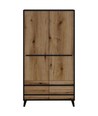 Armoire HEKA 2 portes + 4 tiroirs - Décor noir et chene - L100 x P50 x H180 cm - Fabriqué en Espagne