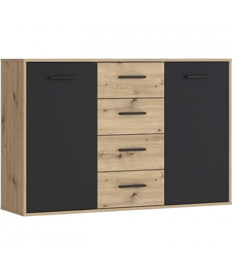 Buffet PILVI - Style contemporain - Particules mélaminé - Décor Chene et noir - 2 portes + 4 tiroirs - L 122,6 x P 34,2 x H 8…