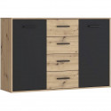 Buffet PILVI - Style contemporain - Particules mélaminé - Décor Chene et noir - 2 portes + 4 tiroirs - L 122,6 x P 34,2 x H 8…