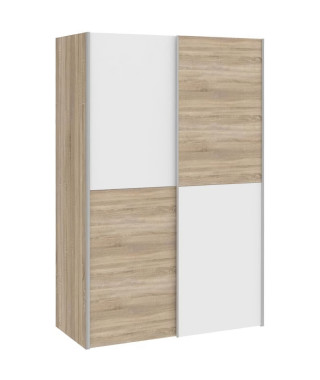 Armoire 2 portes coulissantes - Panneaux de particules - Blanc mat et décor chene - L 120 x P 61,2 x H 190,5 cm - OZZULA