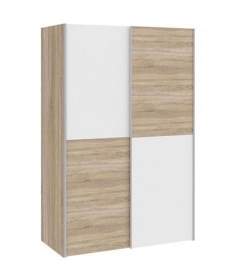 Armoire 2 portes coulissantes - Panneaux de particules - Blanc mat et décor chene - L 120 x P 61,2 x H 190,5 cm - OZZULA