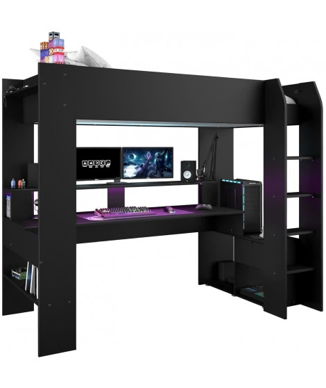 Lit mezzanine combiné enfant LED Gamer ONLINE - 90 x 200 cm - Noir mat - Sommier inclus - PARISOT