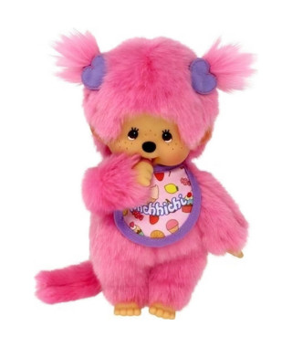 Peluche Monchhichi Frozen Fruit 20 cm - BANDAI - Fourrure rose - Bavoir gourmand - Cadeau enfant