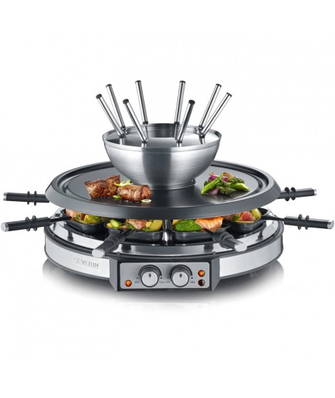 SEVERIN RG2348 - Combiné 2 en 1 Raclette et Fondue 8 personnes - 1900W - 8 fourchettes a fondue et 8 spatules - Cuve Inox