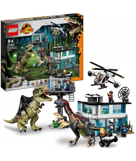 LEGO 76949 Jurassic World L'Attaque du Giganotosaurus et du Therizinosaurus, Hélicoptere et Figurine de Dinosaure