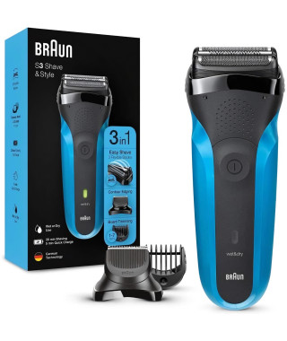 Rasoir électrique sans fil BRAUN Series 3 Shave & Style - 3 lames flexibles - 5 sabots - Noir/Bleu