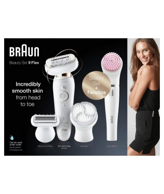 Braun Silk-épil 9 Coffret Beauté & Spa Epilateur Electrique Femme Blanc/Doré, Brosses Exfoliantes, Éponge Maquillage, 9-100