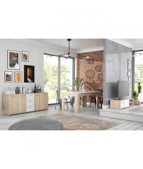 Pilvi ensemble Meuble TV Buffet & Table a manger - Blanc mat et chene sonoma