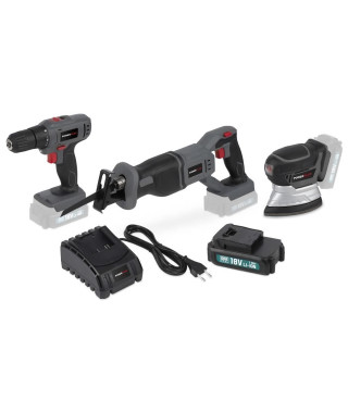 POWERPLUS Perceuse/Visseuse + Scie sauteuse + Ponceuse + Batterie + Chargeur 18V