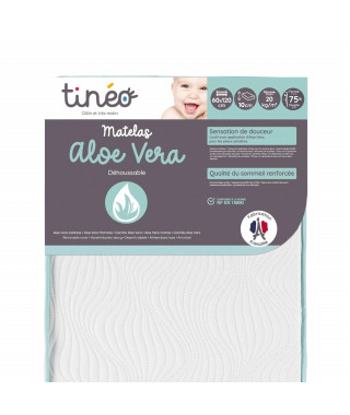 TINÉO - Matelas bébé 60x120x10cm Aloe vera, Peau Sensible, Propriétés Anti Bactériennes/Allergenes, Apaisant, Fabriqué En France