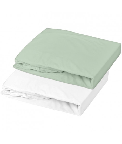 Lot de 2 draps housse en jersey - Blanc / Vert de Gris - 60 x 120 x 15 cm