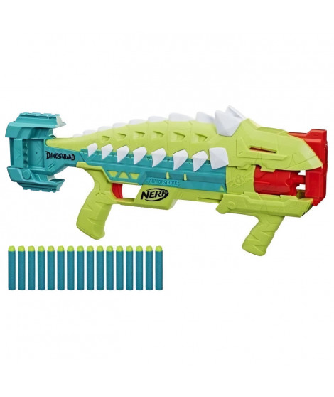 Nerf DinoSquad Armorstrike blaster a fléchettes, barillet rotatif 8 fléchettes, 16 fléchettes Nerf Elite, design d'ankylosaure