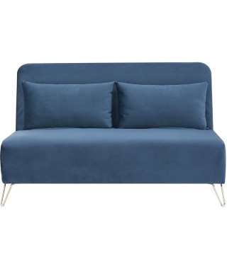 Banquette convertible 2 places - Velours Bleu - Style scandinave - L 130 x P 90 x H 81 cm - DEPLO