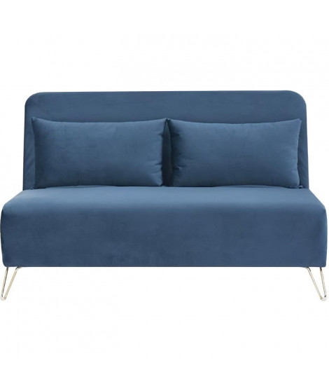 Banquette convertible 2 places - Velours Bleu - Style scandinave - L 130 x P 90 x H 81 cm - DEPLO