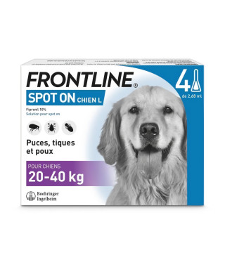 FRONTLINE Spot On Chien L - 20 a 40 kg - 4 pipettes- Puces tiques et poux