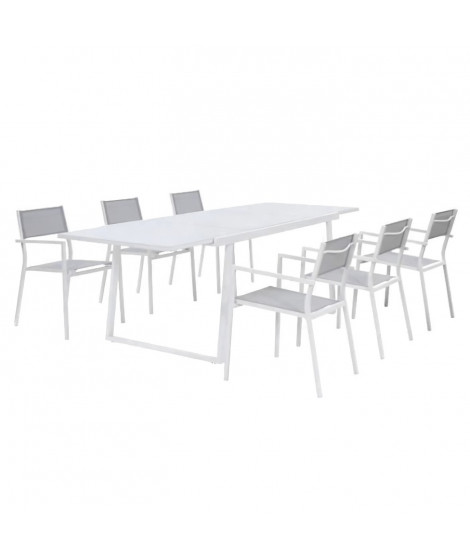 Ensemble repas 6 personnes - Table extensible aluminium avec plateau en verre 160/240 + 6 fauteuils assise textilene - Blanc