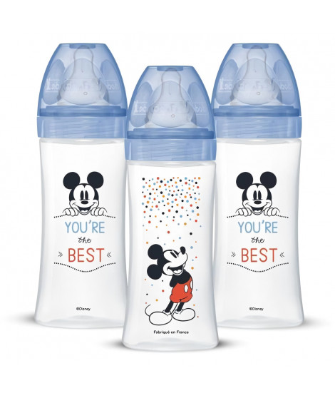 Dodie Lot de 3 Biberons Anti colique Sensation+, Mickey, 330 ml, +6 Mois, Tétine Plate, Débit 3