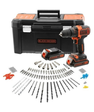 Perceuse-Visseuse sans-fil 18V BLACK+DECKER (2 Batteries 2 Ah + Chargeur + 120 Accessoires + Boite a outils) - BCK186D2KA-QW