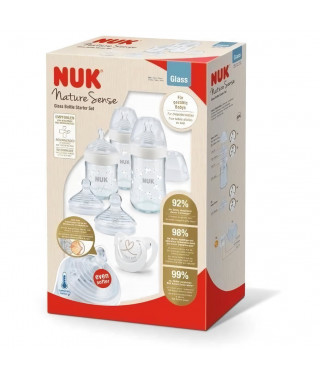 NUK Nature Sense Coffret de biberons en verre, 0-6 mois, 3 biberons, 2 tétines, Sucette Genius, Blanc, 6 unités