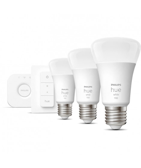 PHILIPS Hue White Kit de démarrage ampoule LED connectée 9,5W - E27 x3 et télécommande Hue