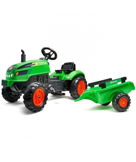 FALK - Tracteur a pédales X Tractor vert avec capot ouvrant et remorque inclus