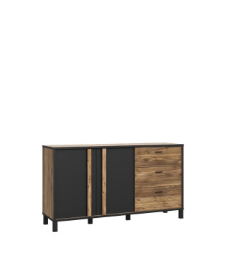 Buffet HAYATO 2 portes - 2 tablettes, 3 tiroirs - 154,5 cm - Décor noir combiné avec de l'épicéa alpin - Poignées en métal noir