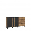 Buffet HAYATO 2 portes - 2 tablettes, 3 tiroirs - 154,5 cm - Décor noir combiné avec de l'épicéa alpin - Poignées en métal noir