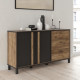 Buffet HAYATO 2 portes - 2 tablettes, 3 tiroirs - 154,5 cm - Décor noir combiné avec de l'épicéa alpin - Poignées en métal noir