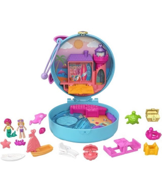 Polly Pocket - Coffret la plage du dauphin, avec Polly et sirene, 5 surprises et 13 accessoires - Mini-poupée - Des 4 ans