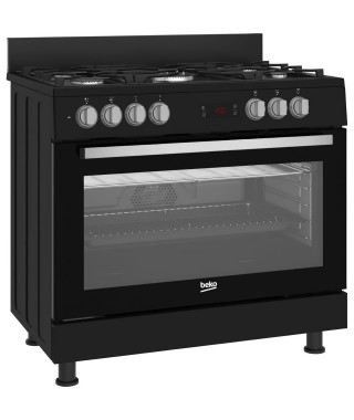 Cuisiniere - BEKO - GM15311DBNS - 90cm -  4 Gaz + 1 Double couronne -  Multifonction -  Nettoyage catalyse 3 côtés - 111L - Noir