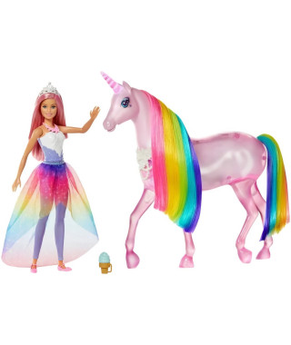 Barbie - Dreamtopia Barbie et sa Licorne Lumieres Magiques - 32 cm - Poupée Mannequin - Ds 3 ans