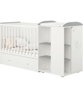 Polini - lit combine evolutif teddy blanc/gris de 60x120 cm a 90x190cm - Tiroir, sommier, barriere de lit et tablette inclus