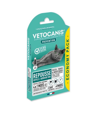 VETOCANIS 4 Pipettes Anti-puces et anti-tiques - Pour Chat - 4x 1 mois de protection