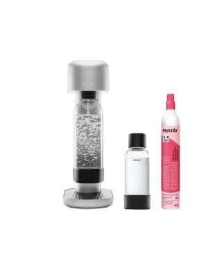 MYSODA Machine a Soda Ruby Silver, 1 bouteille 0.5L , 1 bouteille 1L, 1 cylindre de CO2