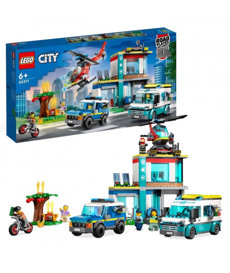 LEGO City 60371 Le QG des Véhicules d'Urgence, Hélicoptere Jouet, Moto et Voiture de Police