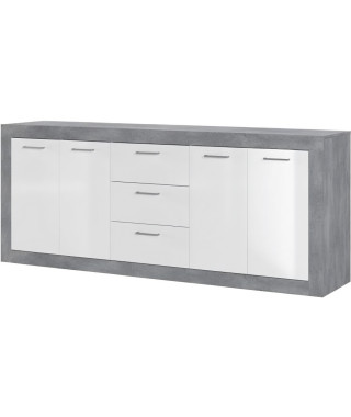 STONE Buffet  4 portes 3 tiroirs - Décor béton et blanc - L 206 x P 45 x H 83,4 cm