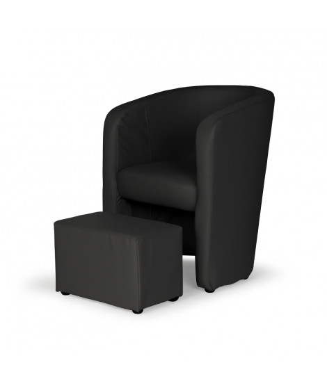 NUNO Fauteuil cabriolet + pouf en simili noir - L 59 x P 63 x H 77 cm