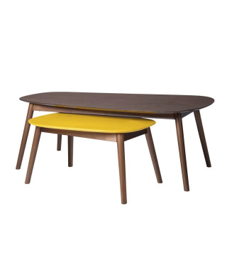 Lot de 2 Tables basses ovales - Imitation bois noyer et jaune - JASON - L 120 x P 70 x H 43 cm et L 66 x P 42 x H 33 cm