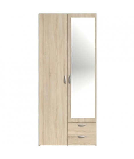 Armoire VARIA - Décor chene - 2 portes battantes + miroir + 2 tiroirs - L 81 x H 185 x P 51 cm - PARISOT