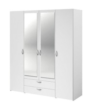 Armoire VARIA - Décor blanc - 4 portes battantes + 2 miroirs + 2 tiroirs - L 160 x H 185 x P 51 cm - PARISOT